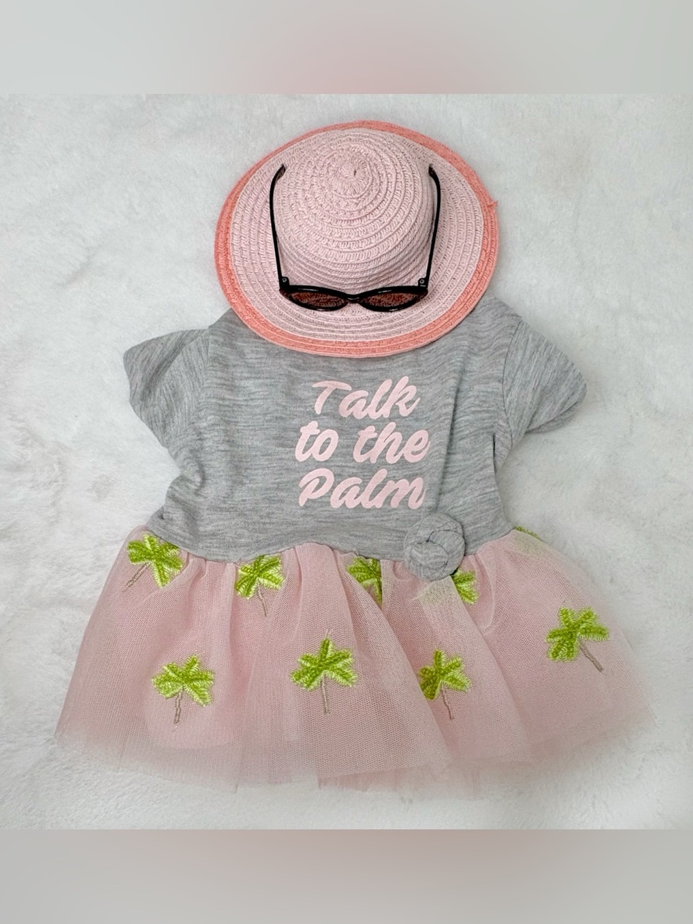 Bond & Co Dog Cat Pink & Grey Tutu Dress w Embroidered Palm Trees Hat & Glasses